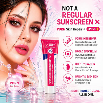Advertisement for PDRN Skin Repair sunscreen with a woman's face and product packaging.