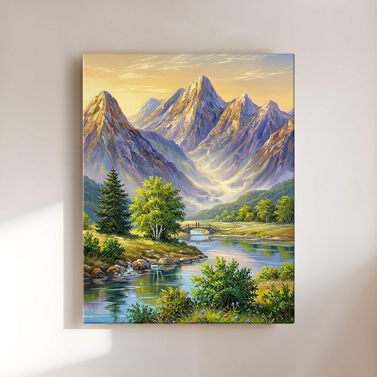Mountain Canvas Painting for Wall Decoration, Mountain Painting Vastu, River Valley Nature Wall Art, Gallery Wrapped for Living Room, Bedroom, Office Décor, 45 x 58 cm
