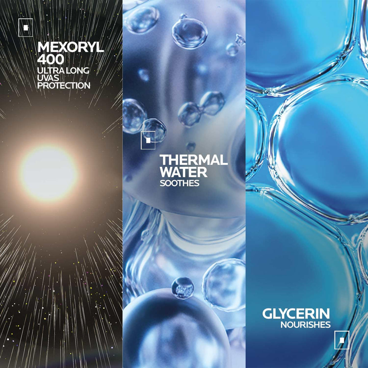 Product advertisement with text about MEXORYL 400, thermal water, and glycerin.