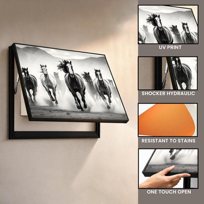 Electric MCB Box Cover Frame With Hydraulic Decorative Painting White 7 Running Horse Painting Electrical Panel box Cover, Switch Box Frame Will Fit Max 10x14 inch Switch Board, Outer Size 13X17 Inch