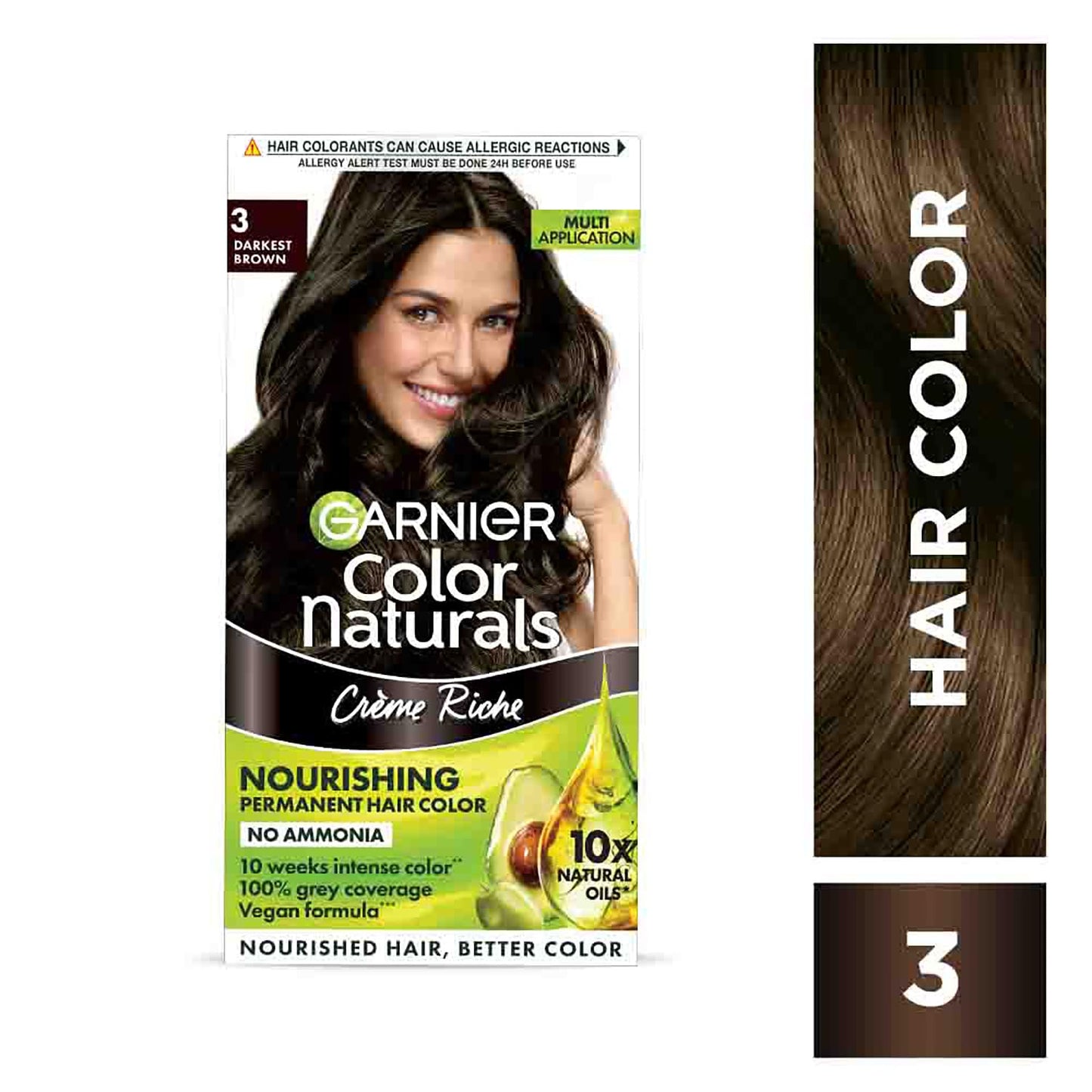 Garnier Color Naturals hair color packaging with a woman's face and hair, and a close-up of brown hair on a white background.