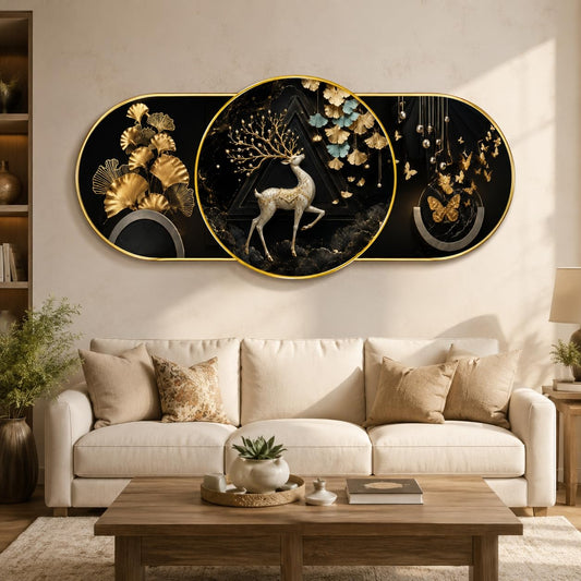 Golden Deer & Butterfly Wall Painting for Living Room Bedroom Decor, Black Gold Floral Round Art with Premium PVC Golden Frame (16 x 35 Inch)