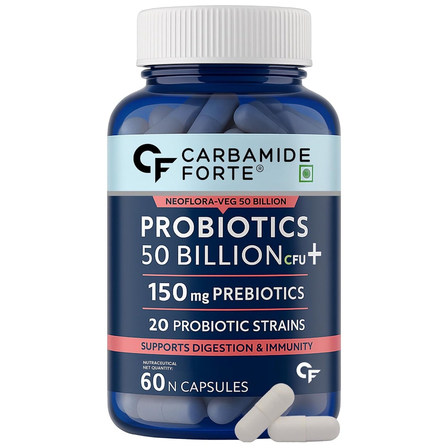 Carbamide Forte Probiotics Supplement 50 Billion CFU Gut Health Supplements with Probiotic | Gut Cleanse with Prebiotics and Probiotics – 60 Capsules