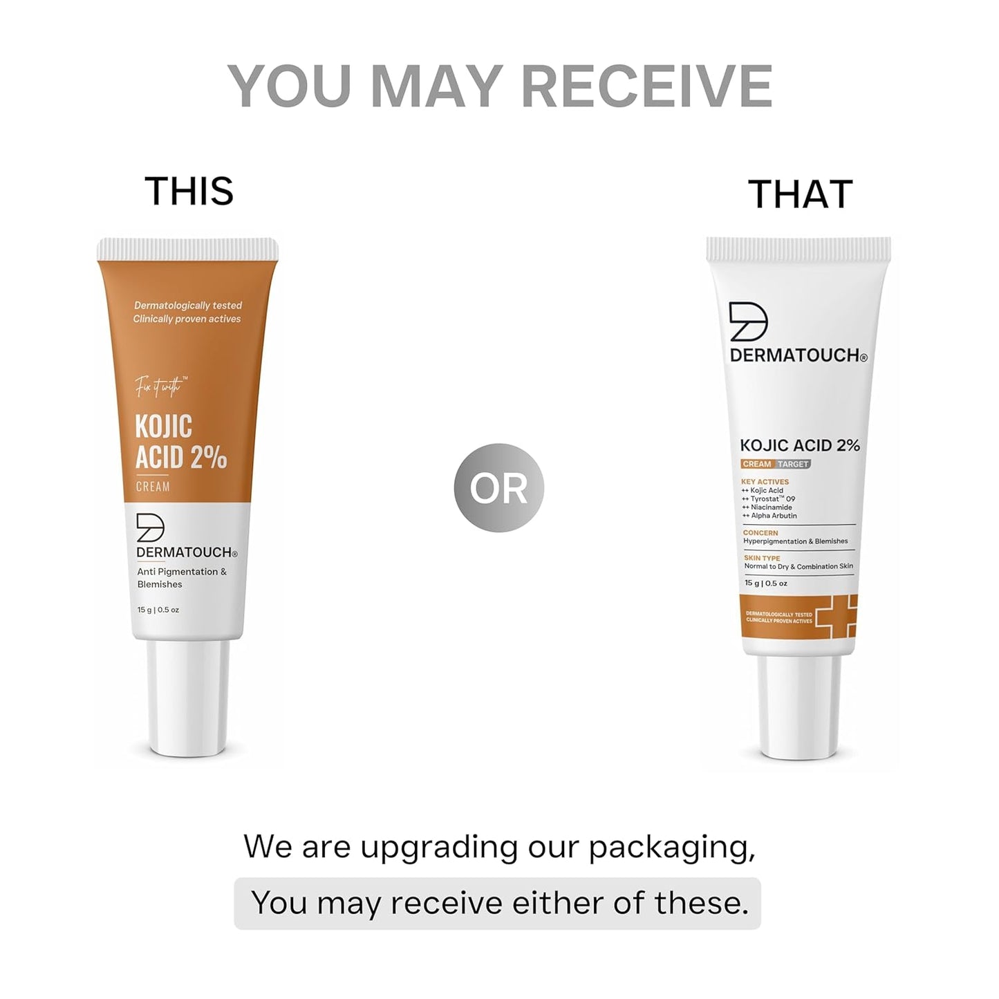 Two tubes of Dermatouch Kojic Acid 2% cream with text indicating packaging upgrade.