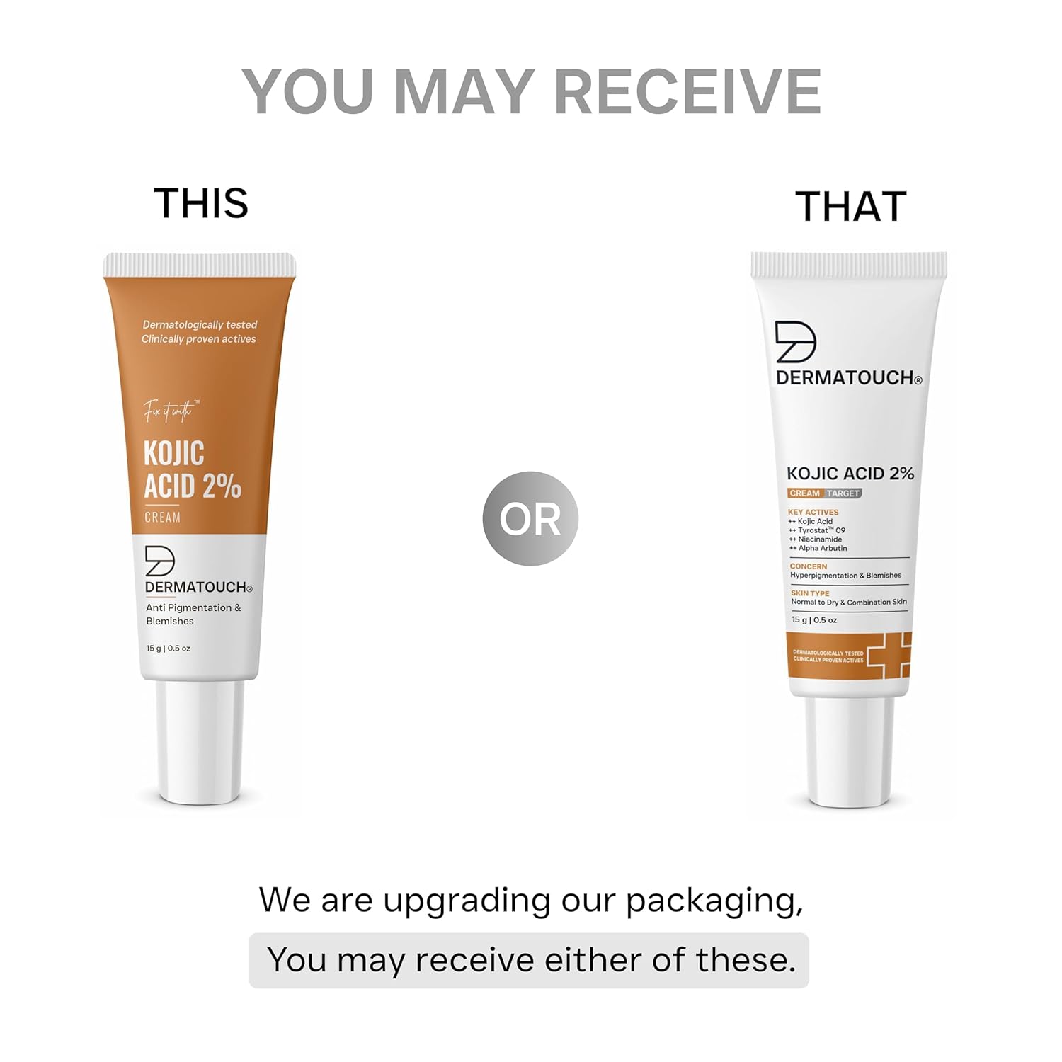 Two tubes of Dermatouch Kojic Acid 2% cream with text indicating packaging upgrade.