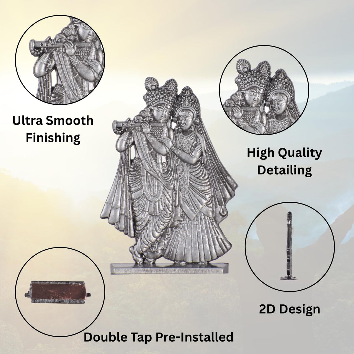 Radha Krishna Bansuri Idol for Car Dashboard – Silver Finish Romantic Murti Flute Playing Krishna Ji with Radha (S909-SLVR)