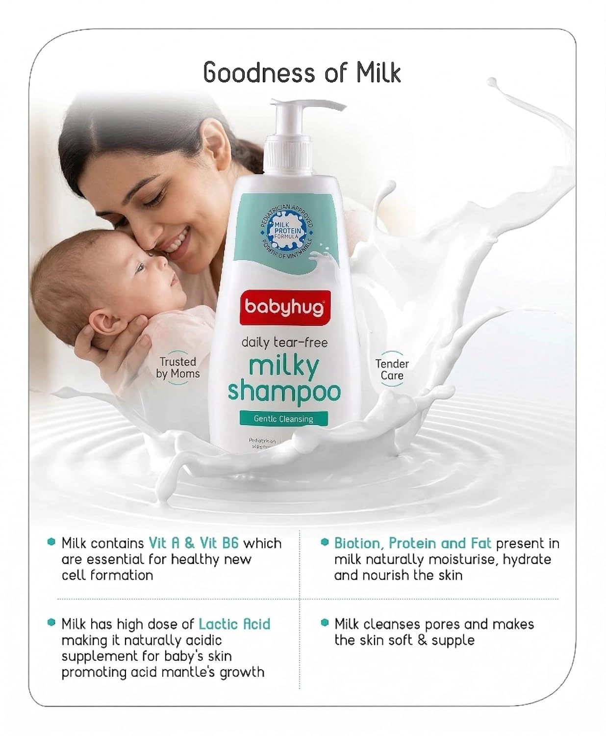 BABYHUG Daily Tear-Free Milky Shampoo – Enriched with Milk Protein & Natural Oils Pack Of 1 (400ML) | Enriched with Milk Protein, Natural Oils