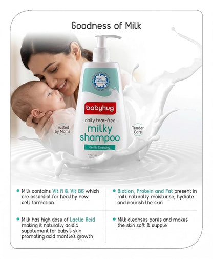 BABYHUG Daily Tear-Free Milky Shampoo – Enriched with Milk Protein & Natural Oils Pack Of 1 (400ML) | Enriched with Milk Protein, Natural Oils