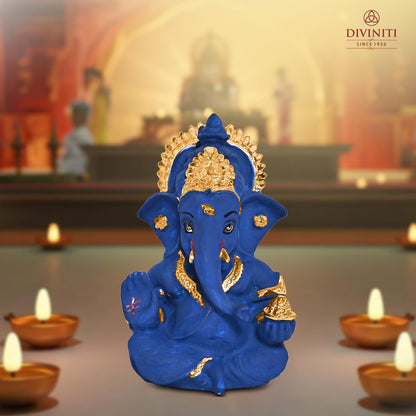 24K Gold Plated Resin Lord Ganesha Idol for Car Dashboard, Tabletop|Ganesh Statue for Good Luck and Success|Ganpati Murti for Home Decor Mandir, Office Desk Puja Gift Navy Blue (8.4x4.2cm)