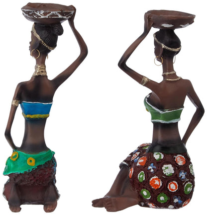 Handcrafted Home Decor Art Piece | Sitting African Tribal Women with Candle Holder | Set of 2 (Multicolor)