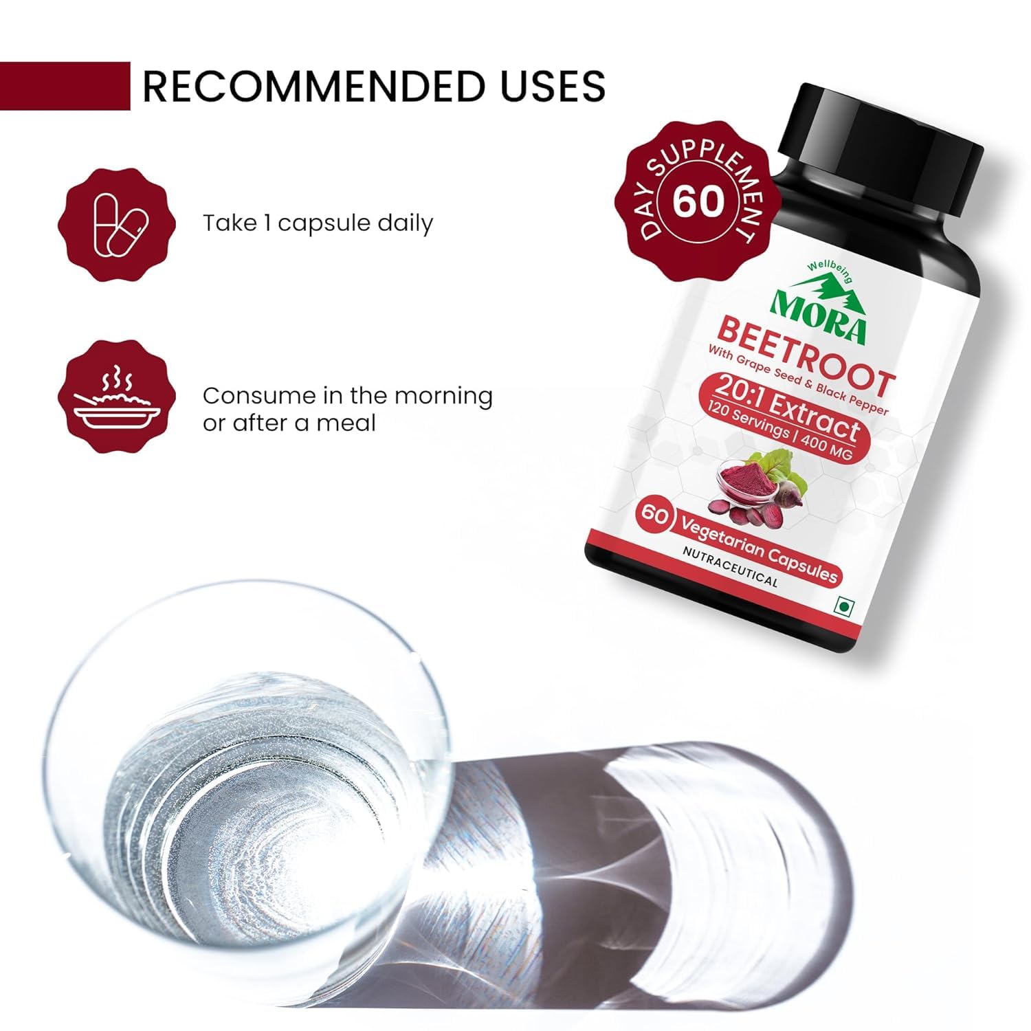 Mora Beetroot supplement bottle with recommended uses and a glass of water on a white background