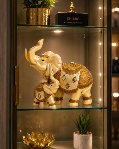 Decorative Elephant Showpiece for Home Décor | Resin Lucky Elephant Statue with Mother & Baby Design | Tabletop Feng Shui Good Luck Idol (White Elephant Family)