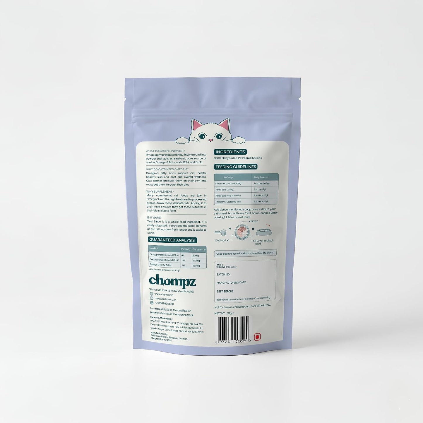 Chompz Sardine Powder for Cats | Natural Omega-3 Supplement | 50G | Pure Whole Fish Powder for Joints, Skin & Coat | Cat Food Topper | Scooper Included | for Kittens & Adults | 25+ Servings