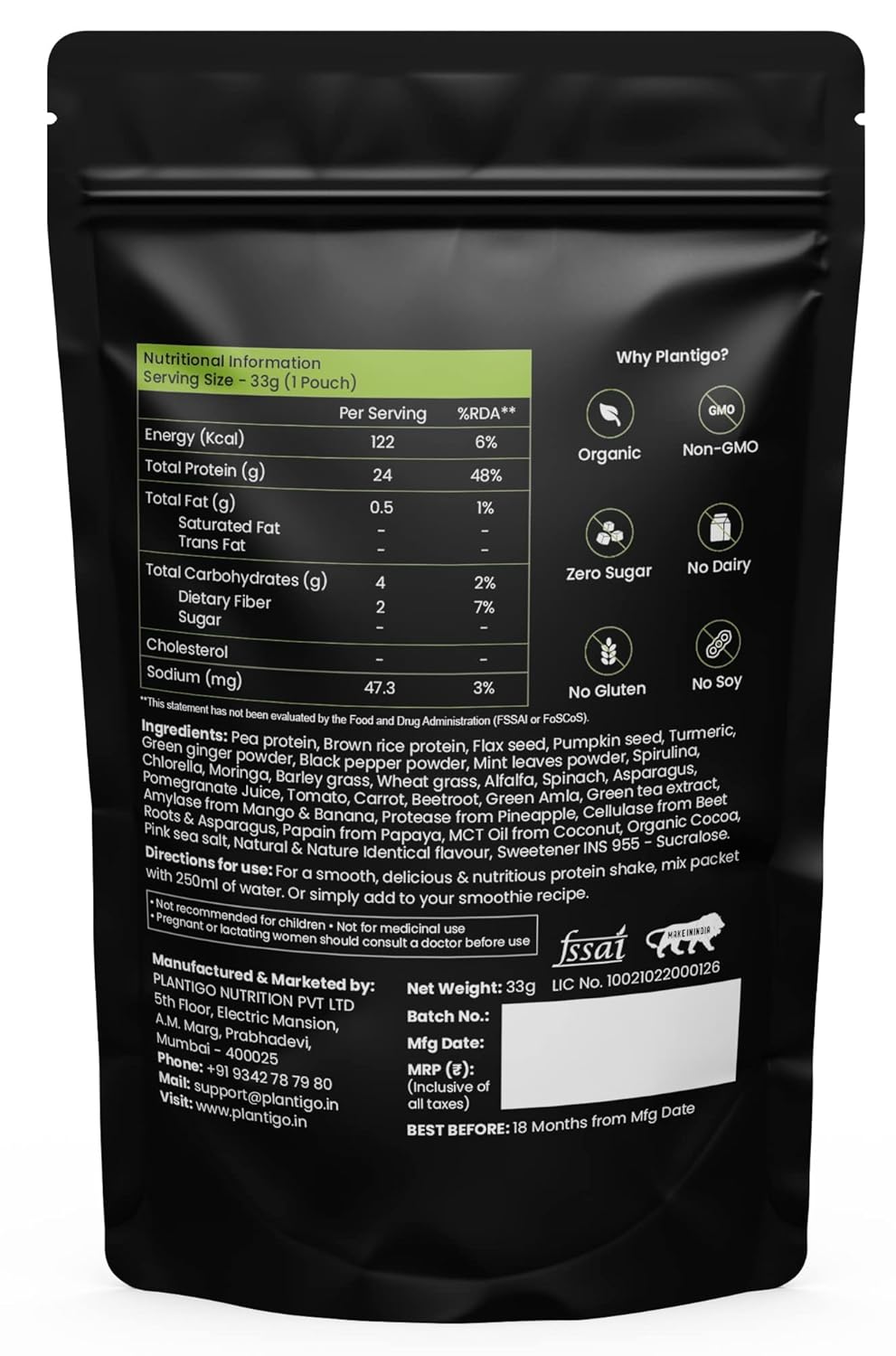 Black packaging with nutritional information and branding details on a white background