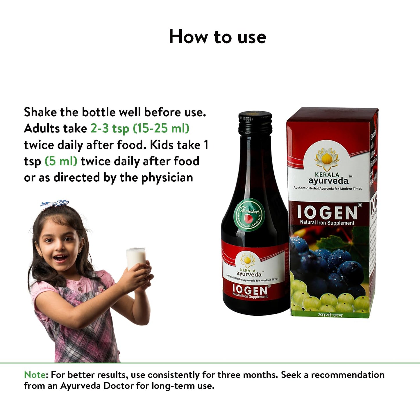Iogen supplement bottle and box with usage instructions and a child holding a cup.