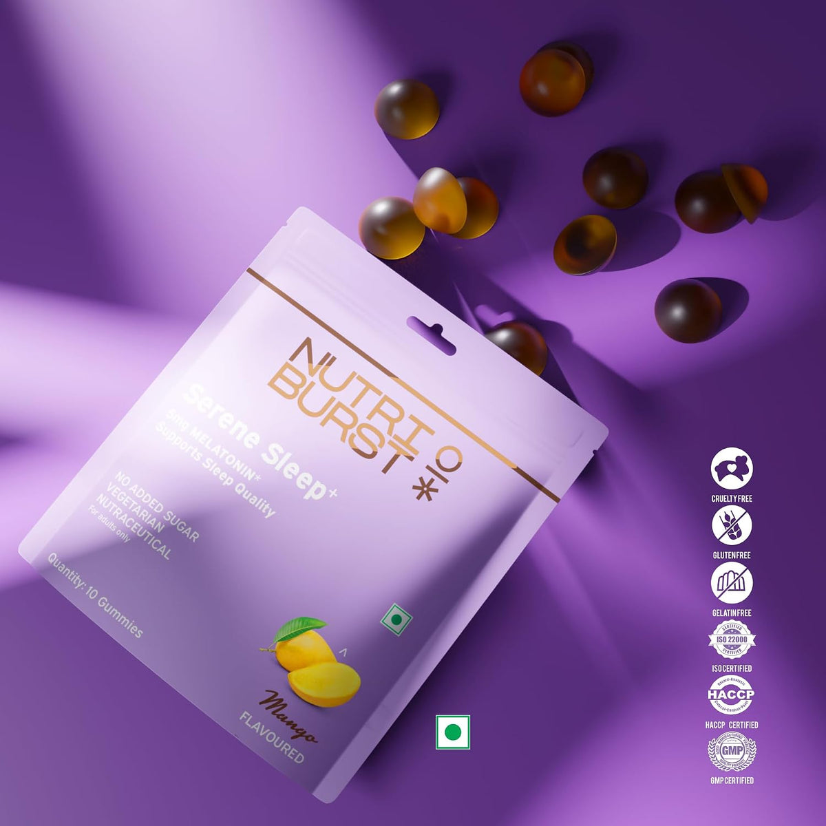 Nutriburst Serene Sleep 5MG Melatonin Gummies for Quality Deep Sleep, Fresh Wake Up | No Stress & Anxiety | Natural Non-Addictive, Non Habit Forming Sleep-Aid | Mango Flavor | 10 Gummies