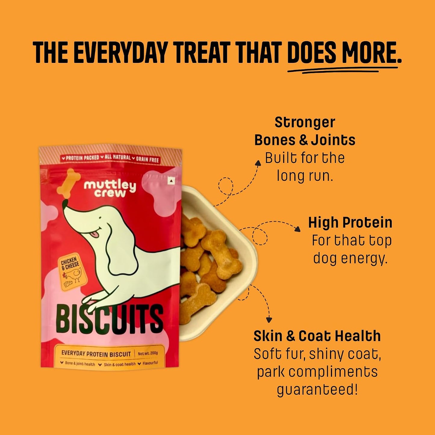 Muttley Crew Dog Biscuits with Real Chicken & Cheese | Healthy Adult Dog Treats for Easy Digestion | All Natural | Grain-Free | Gluten-Free | No Artifical Preservatives | No Added Flavour (200g)