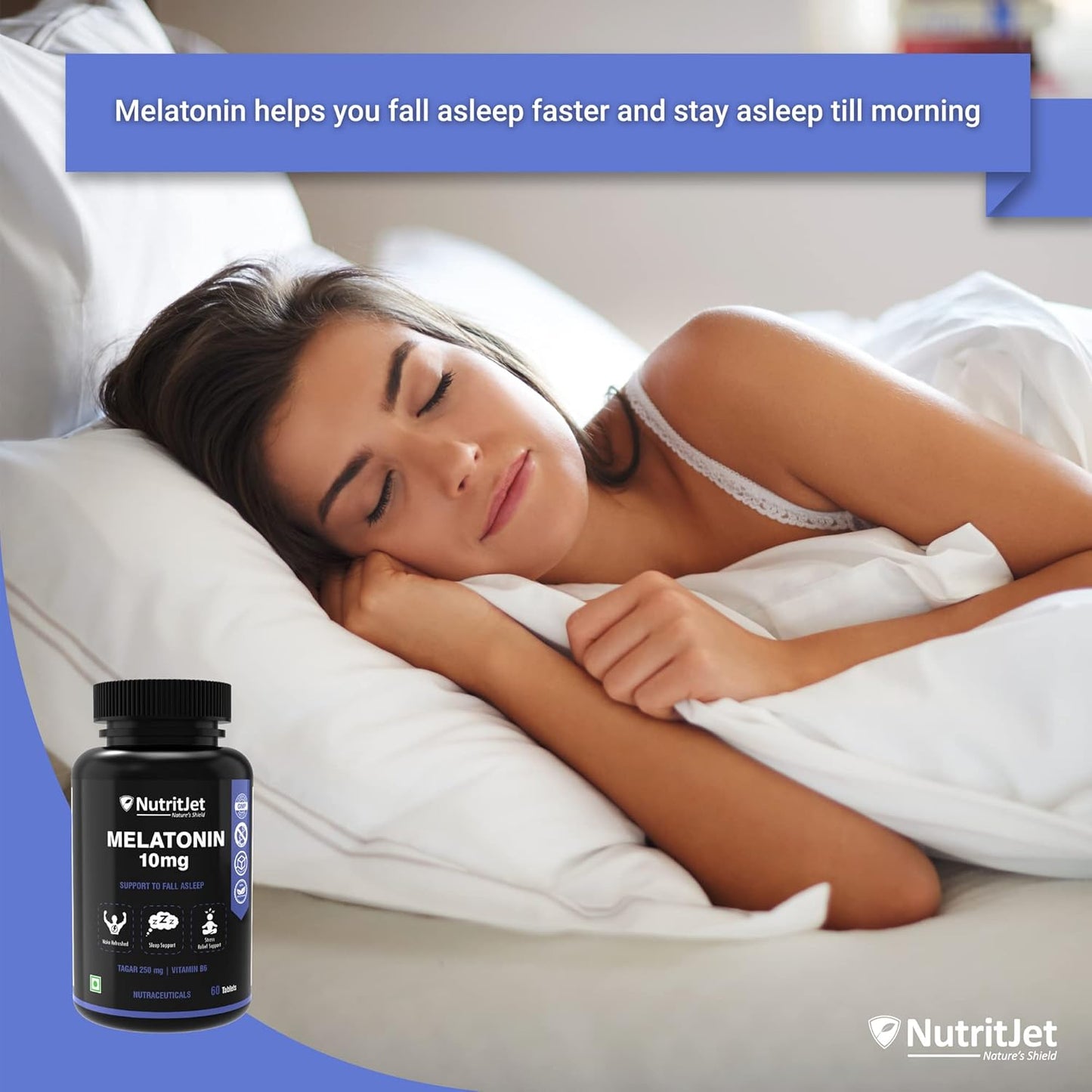 NutritJet Melatonin 10mg Sleeping Aid Pills, Sleep Supplement For Stress Free Sleep & Calm Relax - 60 Vegetarian Tablets
