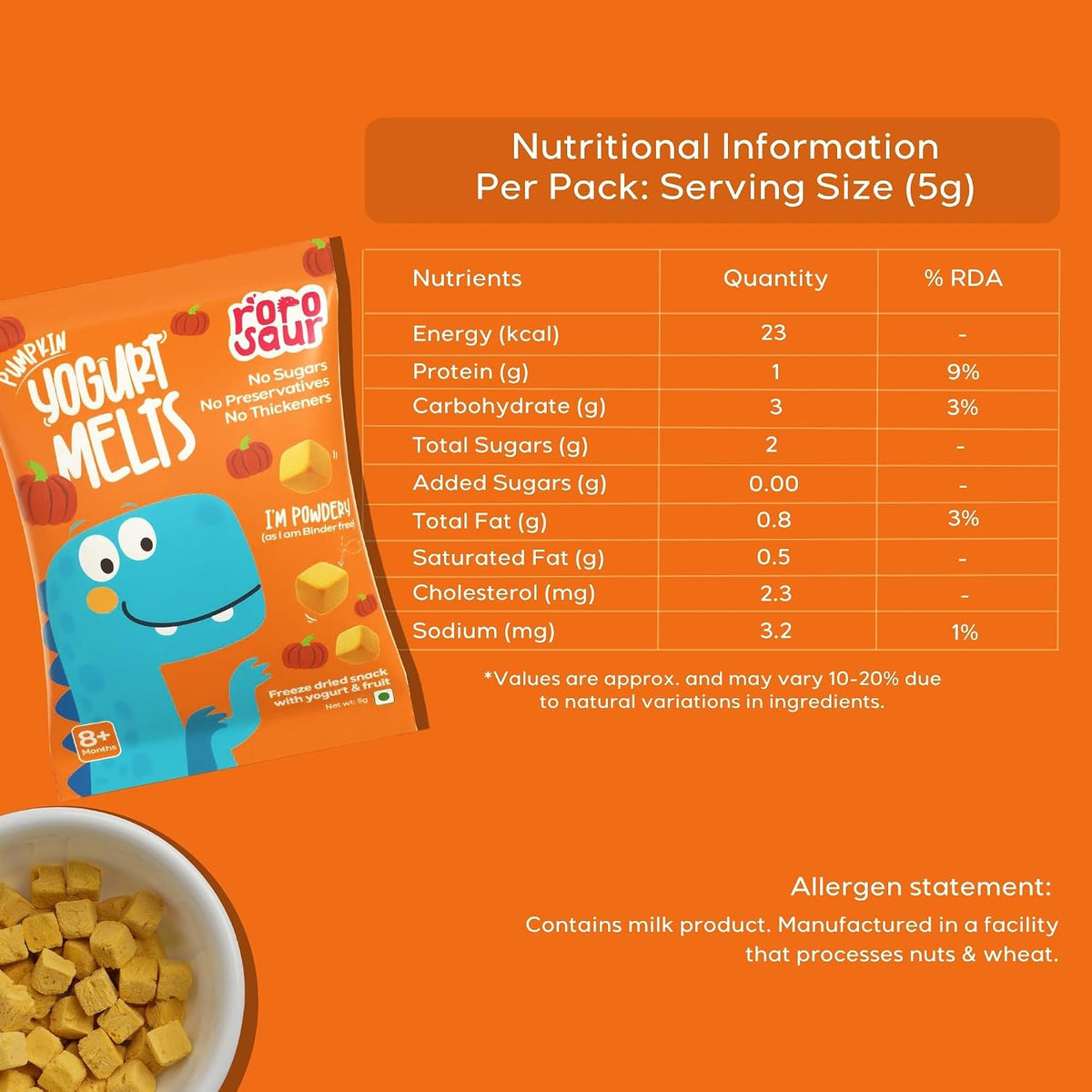 Rorosaur Baby Snacks - Melts with Yogurt and Fruit & Veggie for 8+ Months | 4 Packs of Pumpkin Melts | Finger Food for Toddlers | No Sugars, No Preservatives, No Binders | 4 Variants 5g each