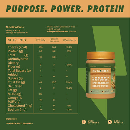 NUTRIKICK Natural Creamy Peanut Butter | 100% Roasted Peanuts | No Added Sugar or Salt | High Protein Vegan Nut Spread| Zero Trans Fat & Non-GMO | Perfect for Keto, Gym & Weight Loss