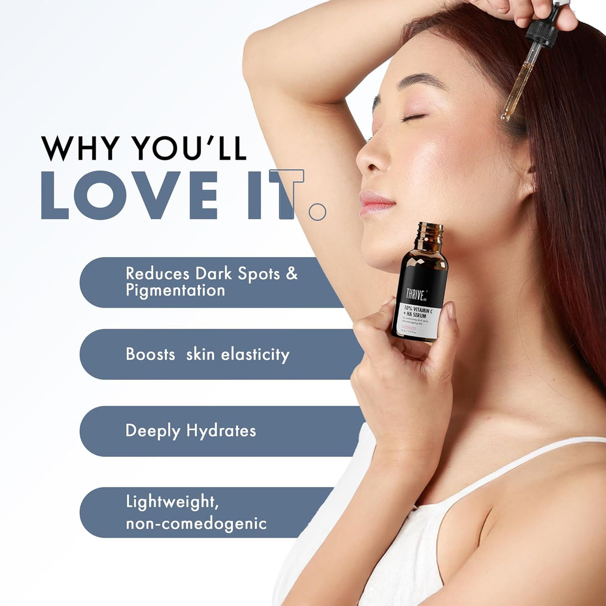 Woman applying skincare product with text highlighting benefits on a white background