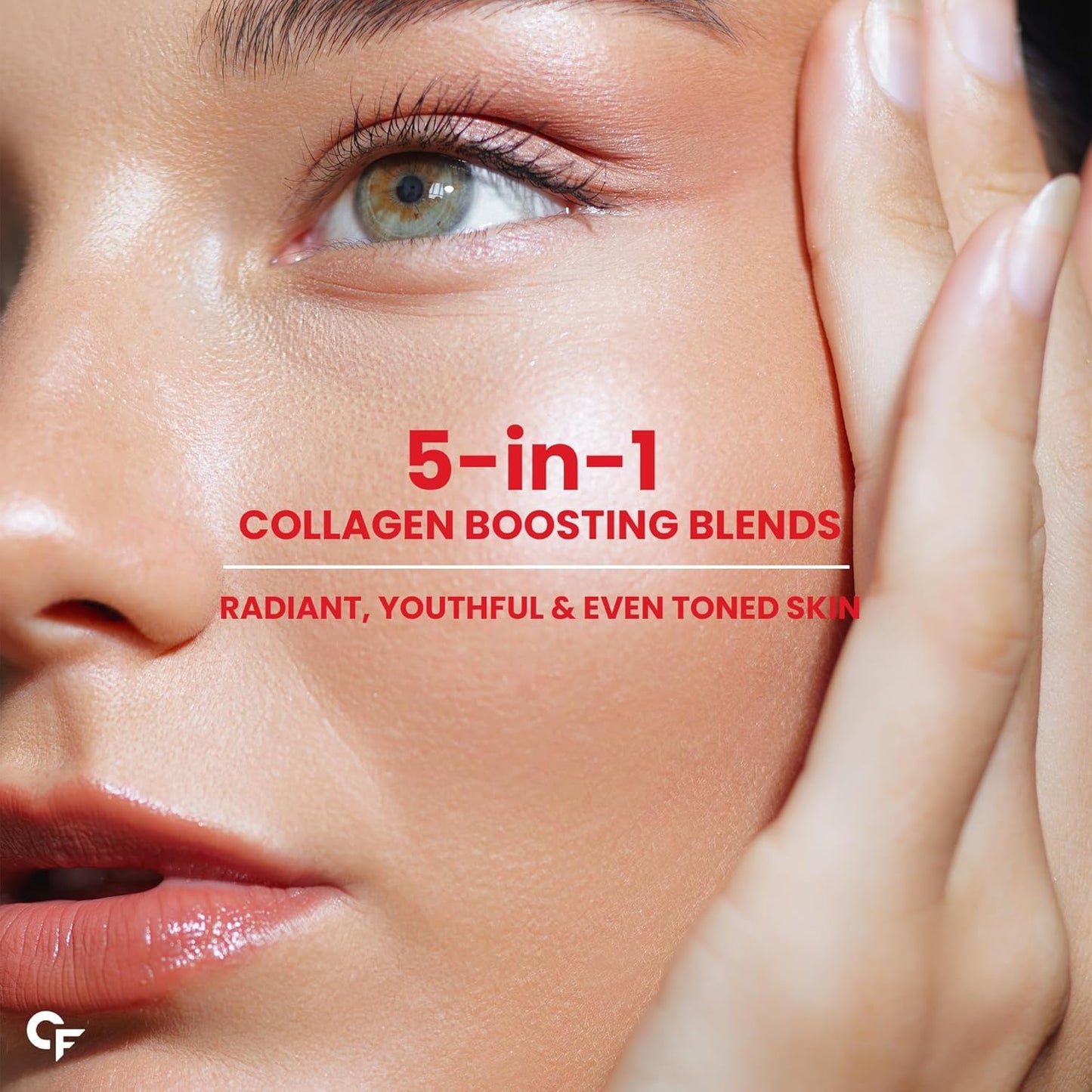 Close-up of a person's face with text about 5-in-1 collagen boosting blends.