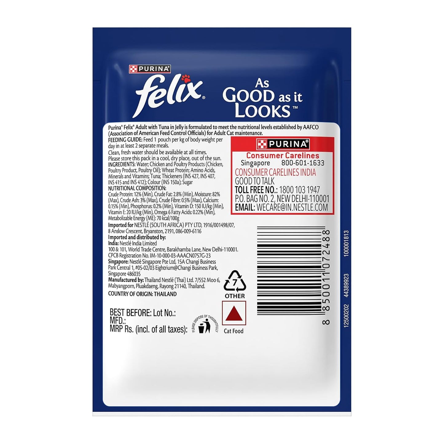 Purina Felix Tuna in Jelly, Wet Food for Adult Cats, 85g Pouch | With Tuna in Jelly, Tasty Meaty Chunks, 100% Complete & Balanced Nutrition, Vitamins D & E, Omega 6, Essential Minerals