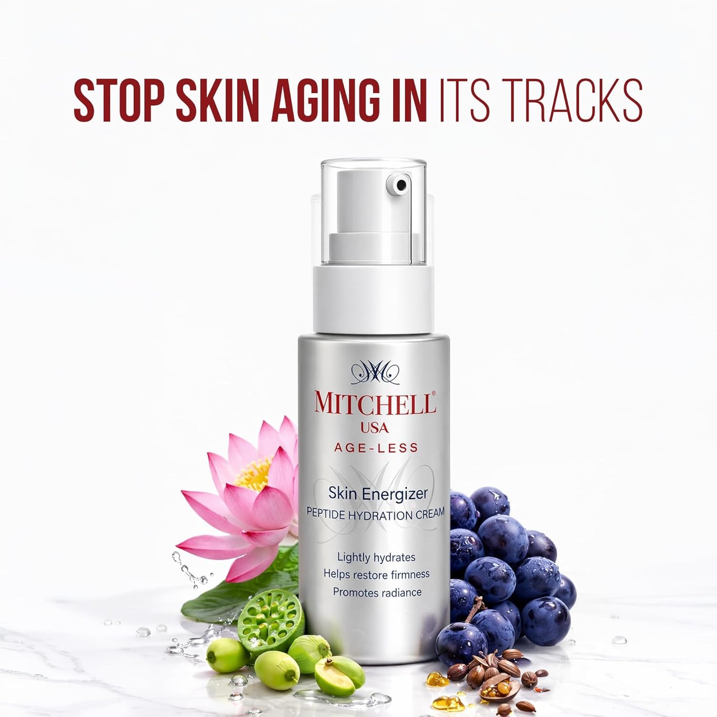 Mitchell USA Skin Energizer Peptide Moisturizer Cream for Cell Renewal & Repair, Hydrating & Moisturizing Dry Skin & Reduces Wrinkles Lotus Seed Extracts, Pumpkin Seed Extracts, Pine Bark Extracts & Apple Extract for Unisex All Skin Type, 30ml