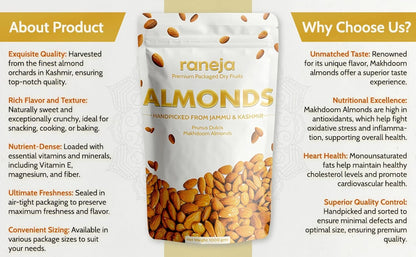 Raneja Pure California Almonds/Badam Whole 250g, 100% Natural Real Nuts & Dry Fruit Freshly Cleaned and Cleared, High in Fiber, Badam Giri, Rich in Protein, Magnesium, Phosphorus and Dietary Fibre