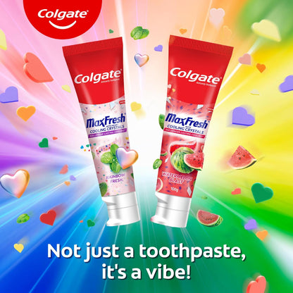 Colgate MaxFresh Rainbow Fresh Gel Toothpaste, with Heart Shaped Cooling Crystals, Triple Mint Flavour, and Ultrafreeze Technology for Intense Freshness, 100g