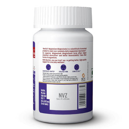 Revital Magnesium Bisglycinate | Chelated |100% RDA | 440mg Elemental Magnesium| 13% Higher Absorption| Scientifically crafted for both men & women | 2.5X Higher Bioavailability | Muscle Recovery & Stress Relief | Restful Sleep Support | 60 Tablets