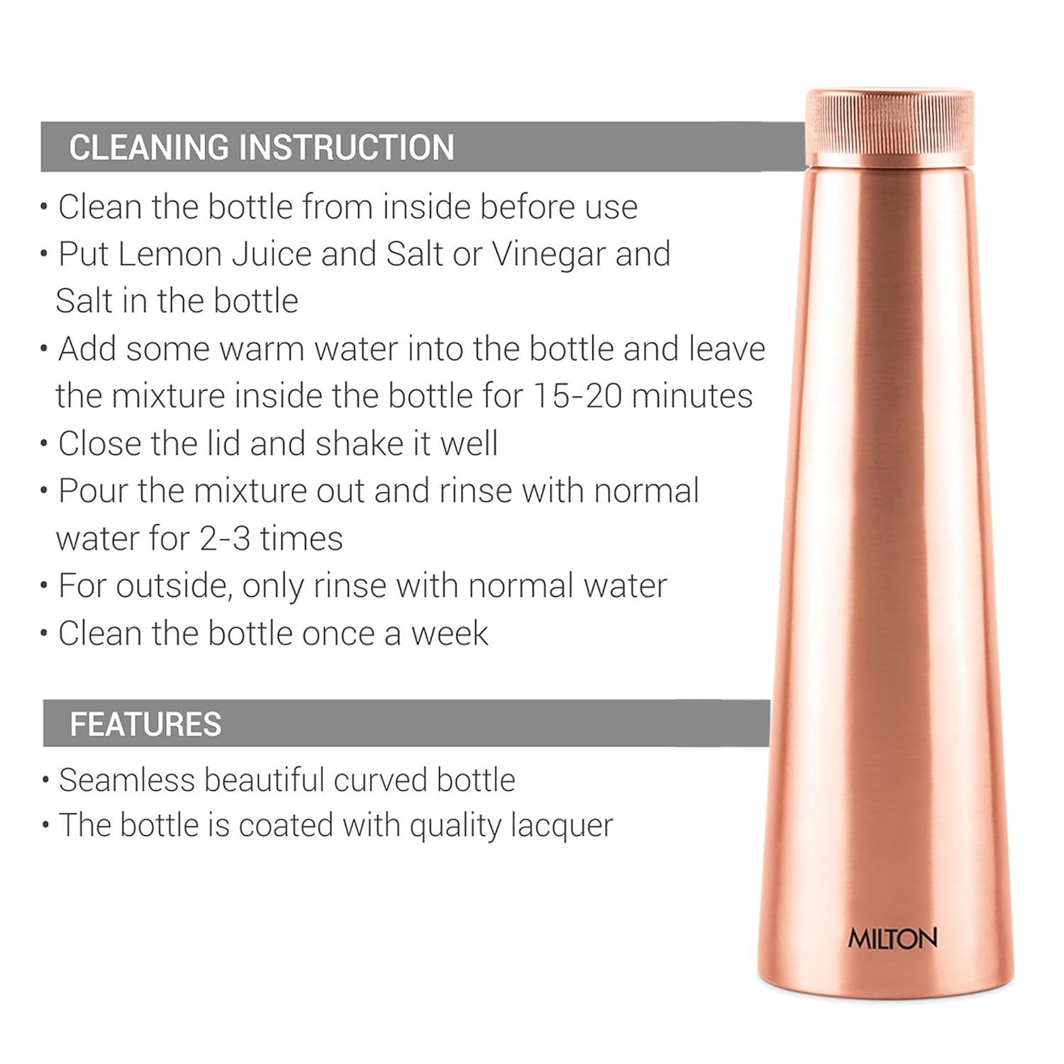 Rose gold water bottle with cleaning instructions and features on a white background