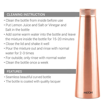 Rose gold water bottle with cleaning instructions and features on a white background