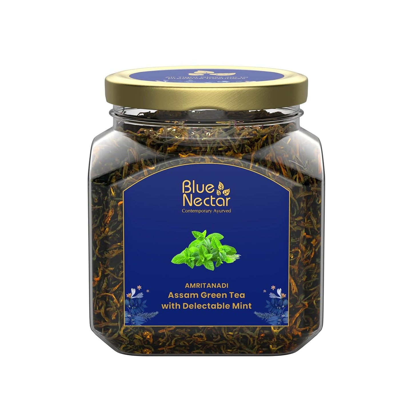 Blue Nectar Green Tea Leaves with Delectable Mint Flavor | Refreshing All Occasion Tea | Air-Tight Glass Jar with Free Tea Infuser (65g)