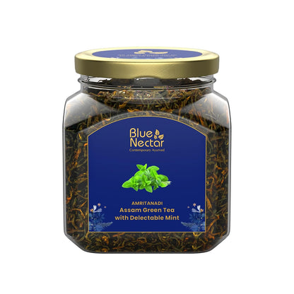 Blue Nectar Green Tea Leaves with Delectable Mint Flavor | Refreshing All Occasion Tea | Air-Tight Glass Jar with Free Tea Infuser (65g)