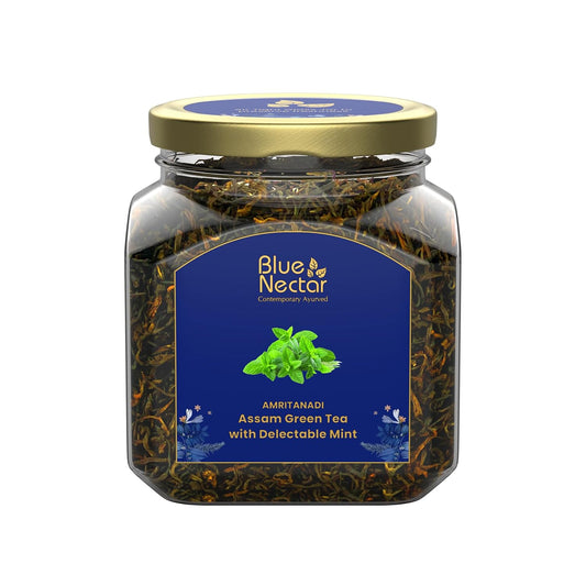 Blue Nectar Green Tea Leaves with Delectable Mint Flavor | Refreshing All Occasion Tea | Air-Tight Glass Jar with Free Tea Infuser (65g)