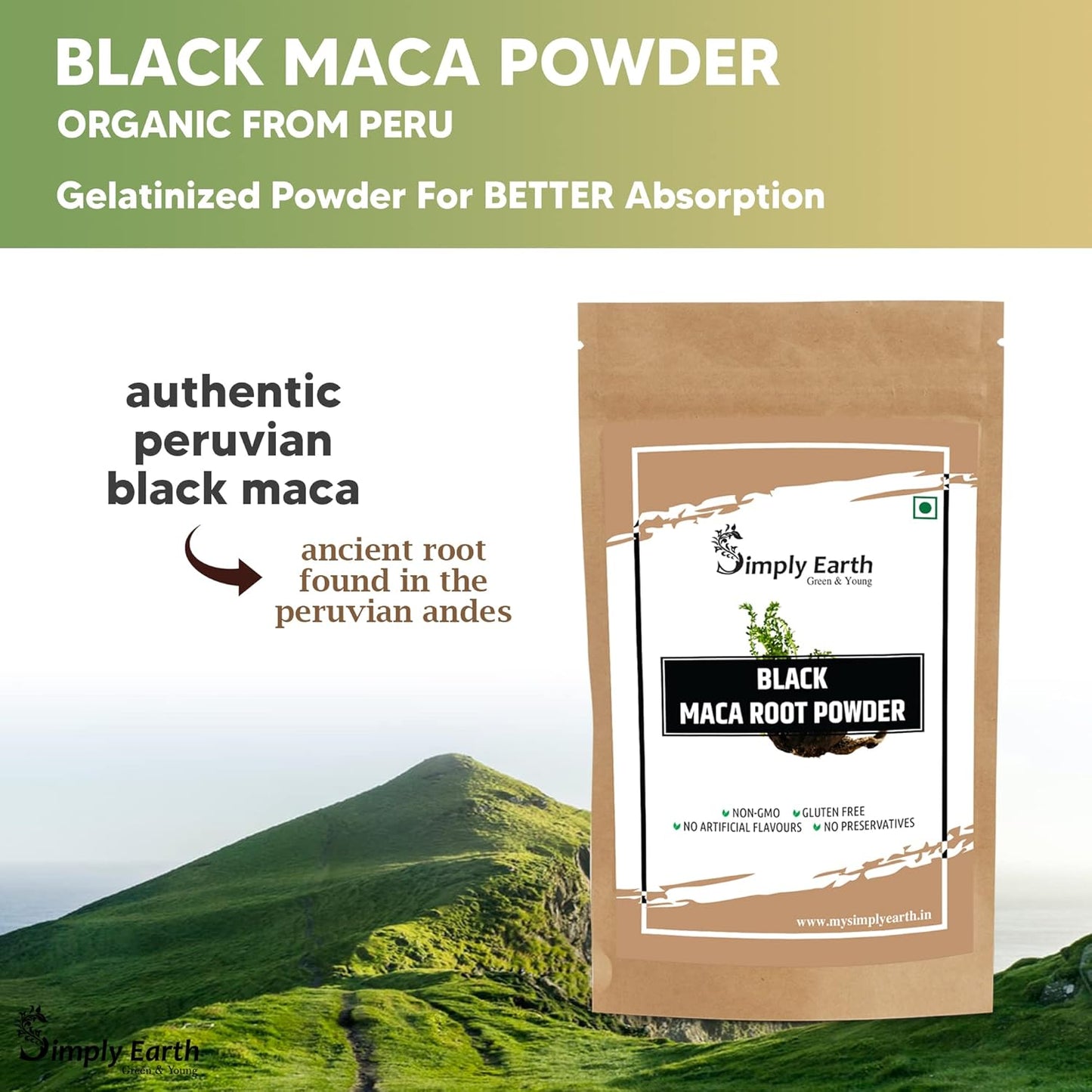 Simply Earth Peruvian Black Maca Root Powder | Boosts Energy and Immunity | Relieves Stress | Great for Men and Woman - (100GM)