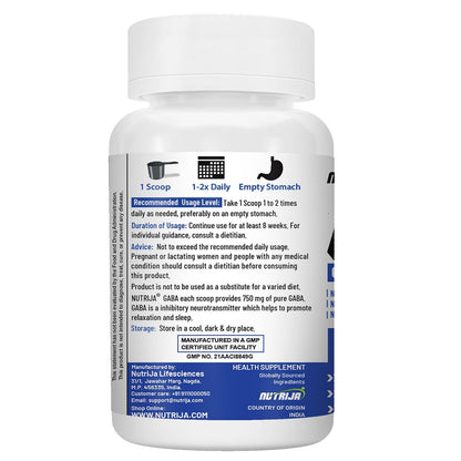 NutriJa GABA Powder 50g | Gamma Aminobutyric Acid 750mg Supplement | Supports Calm Mood, Relaxation, Focus & Night-Time Routine | Pure Unflavoured Powder - 66 Servings