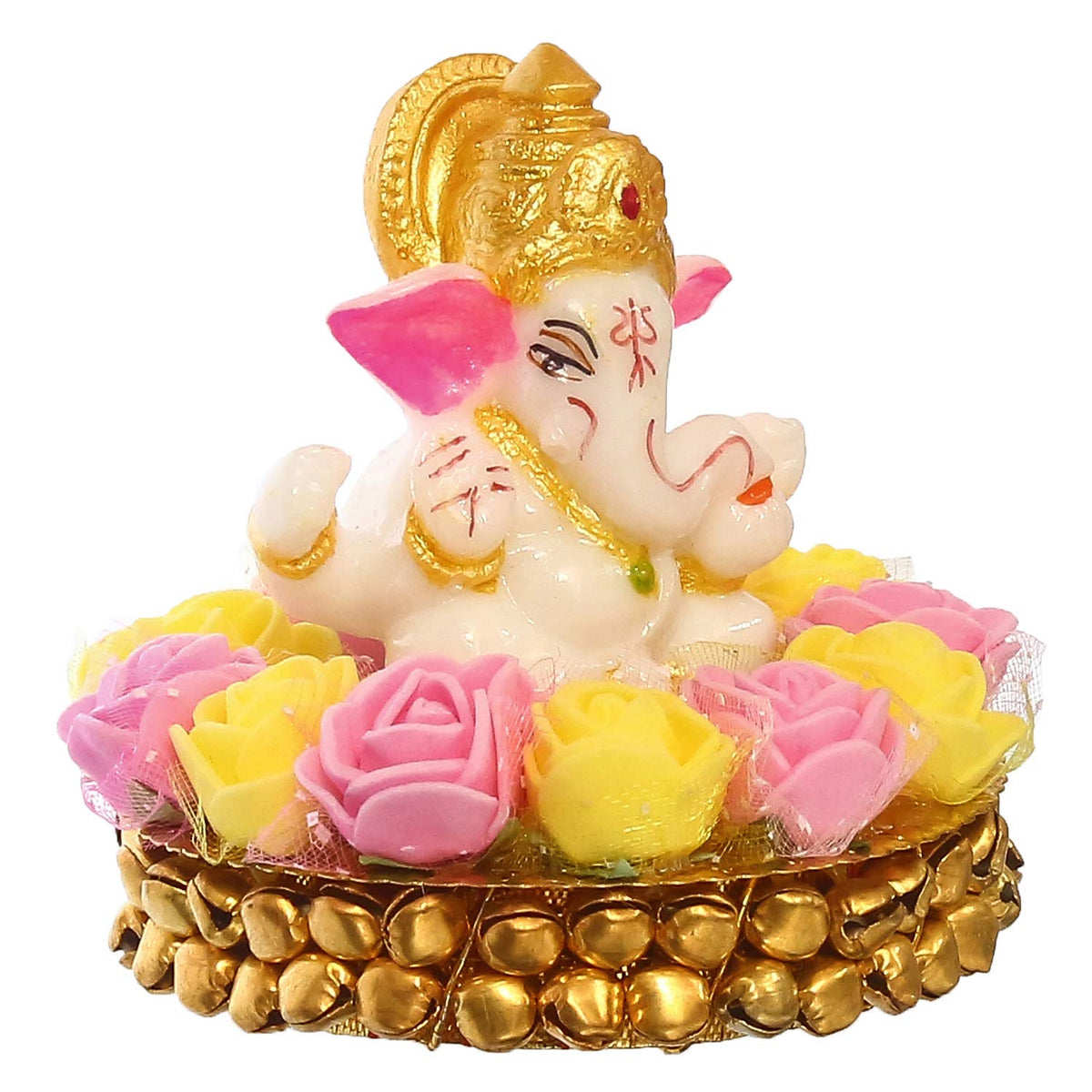 Lord Ganesha Idol on Decorative Handcrafted Plate with Pink and Yellow Flowers
