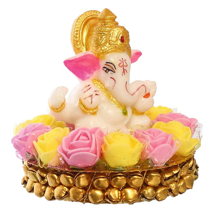 Lord Ganesha Idol on Decorative Handcrafted Plate with Pink and Yellow Flowers