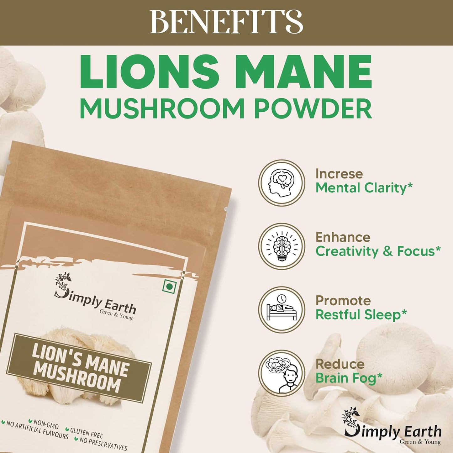 Simply Earth Premium Mushroom Extract Duo: 60g Lion's Mane (100% Pure) + 100g Shiitake Extract Powder - Natural Supplement for Heart, Brain and Immunity