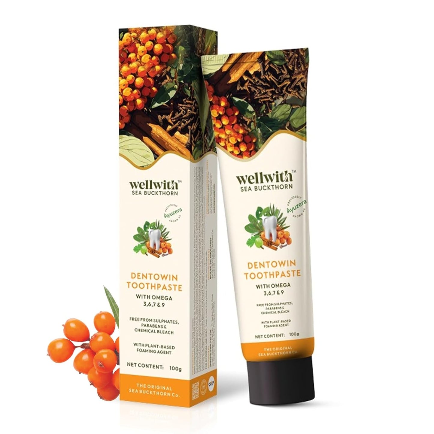 Wellwith(Ayuzera) DentoWin(100g, Pack of 1) Herbal Gum Care Toothpaste with Himalayan Sea Buckthorn Berry, Tulsi & Neem, Teeth Whitening - Natural Formula, No Fluoride