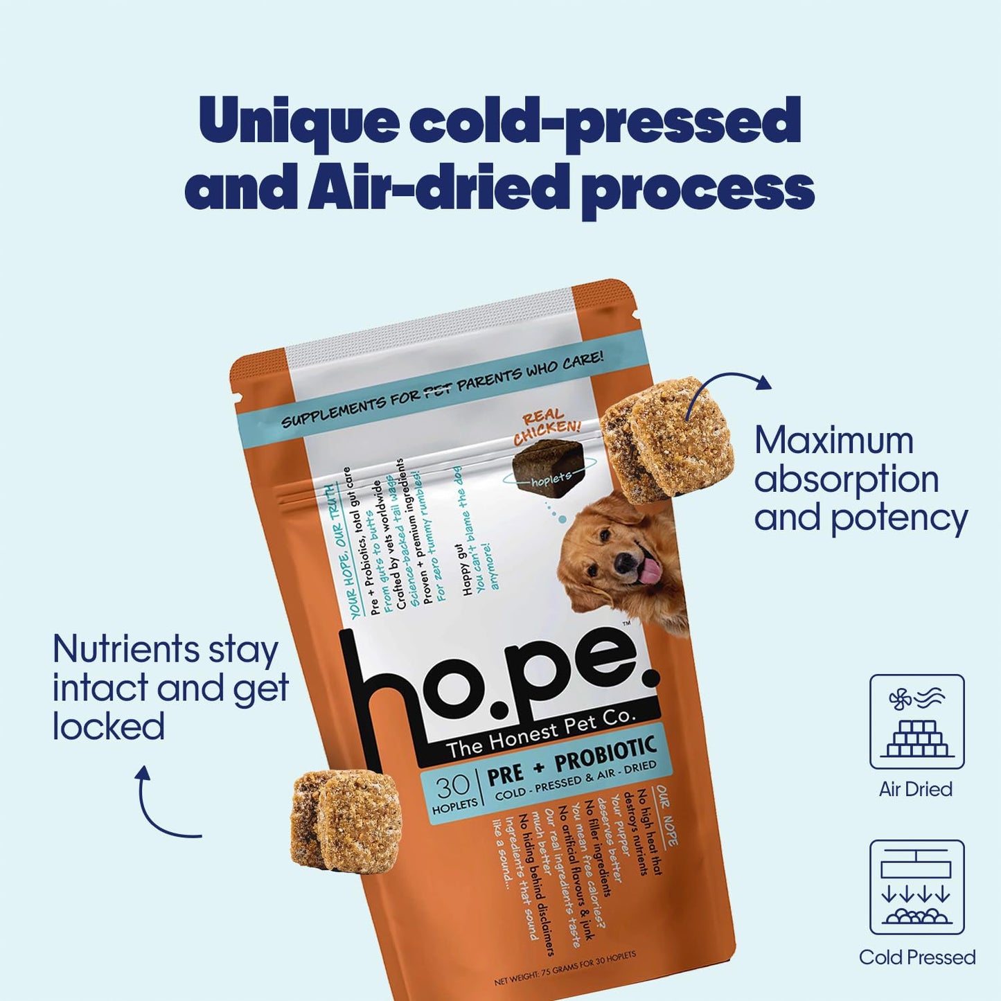Hope Pre & Probiotics Supplement for Dogs - 30 Chicken hoplets | Paw Licking & Scratching Relief | Tasty Chews with Hing for Absolute Gut Health | Coldpressed| Air-Dried | Honest Pet Co