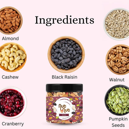 Nut O Nut Healthy Mix Dry Fruits (Almond,Cashew(W240),Walnut,Green And Black Raisin Cranberry,Sunflower Seeds,Pumpkin Seeds) Nuts (Jar Pack) 250G Power Of 9 Dry Fruits Protein Rich Snack Panchmeva