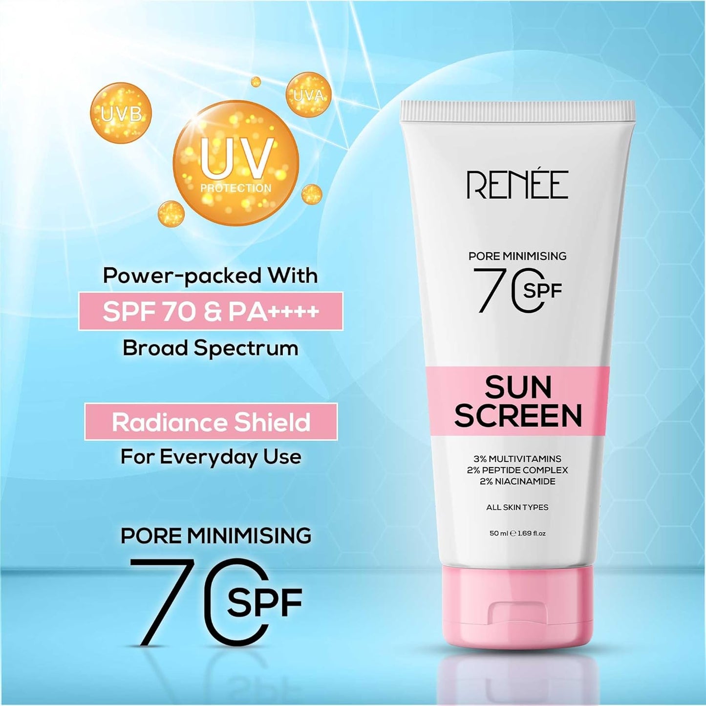 Tube of Renee sunscreen with SPF 70 on a blue background