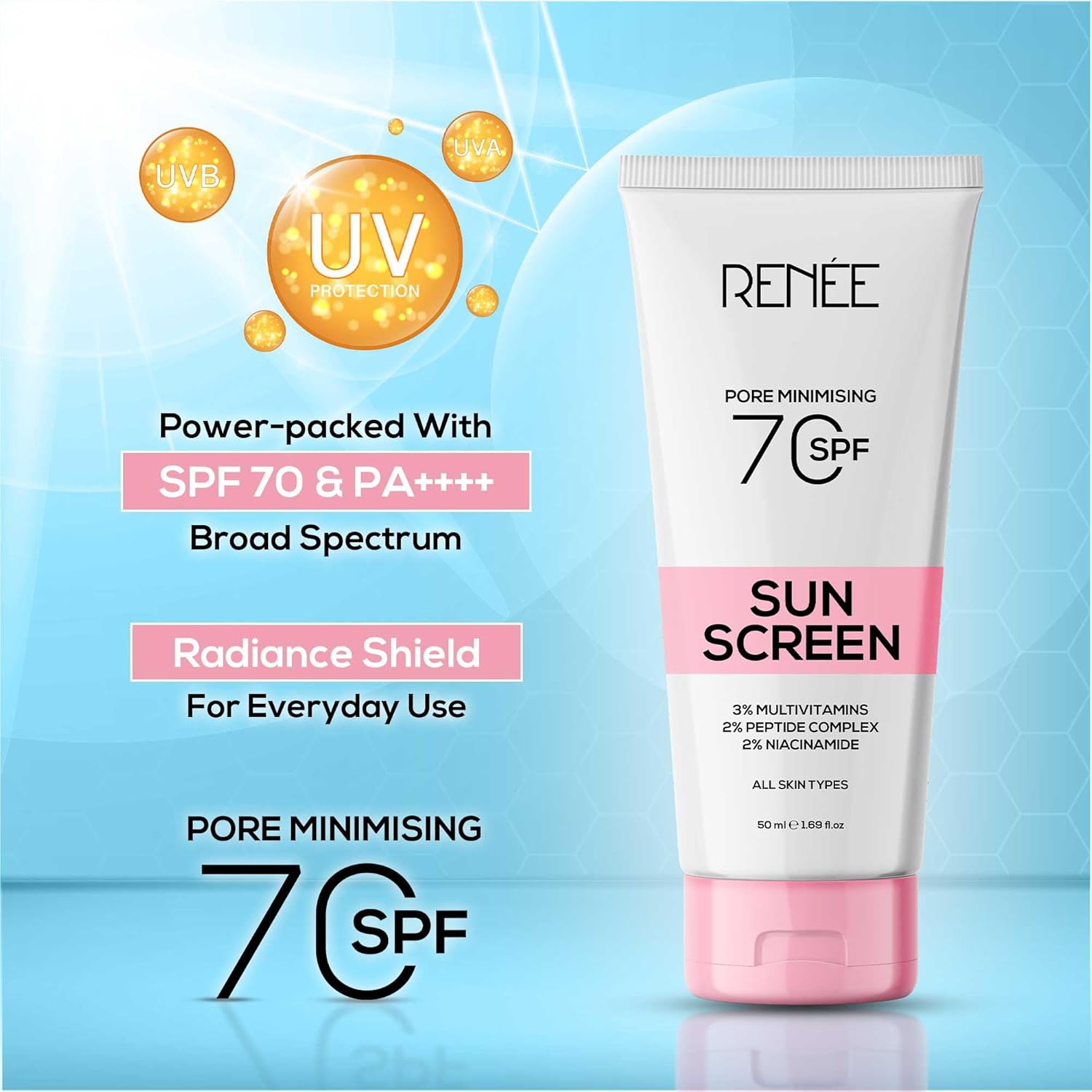 Tube of Renee sunscreen with SPF 70 on a blue background