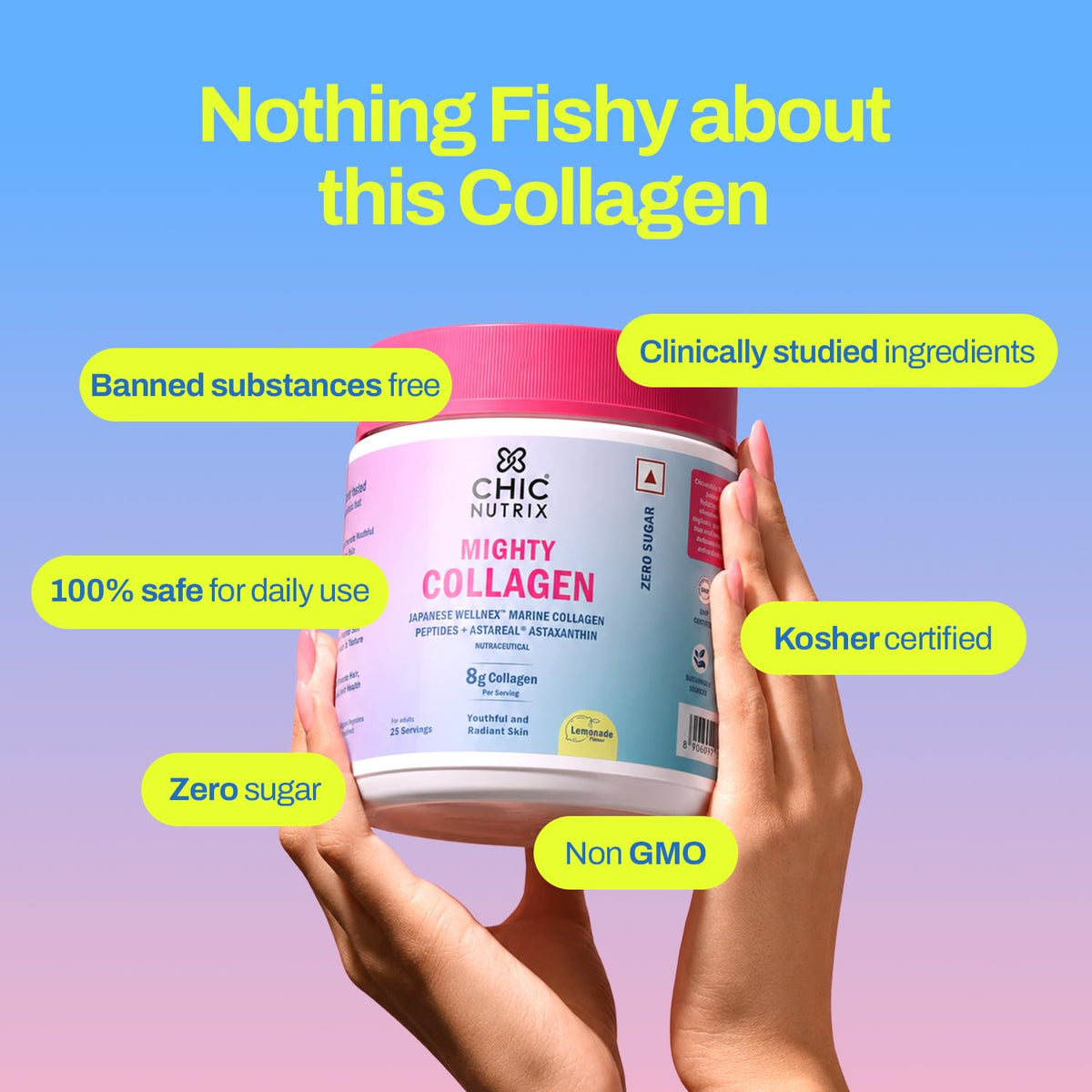 Chicnutrix Marine Collagen Supplements Powder for Women & Men | 8000mg Japanese Marine Collagen Peptides, AstaReal Astaxanthin | Zero Sugar, Fast Absorption & No Fishy Aftertaste | Lemonade Flavour