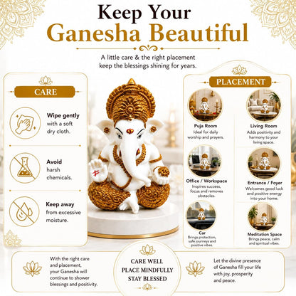 White & Gold Ganesha Idol for Home Decor, Ganpati Bappa Murti for Puja Room, Lord Ganesh Statue for Car Dashboard & Office Desk, Decorative Hindu God Showpiece, 3.3 Inch