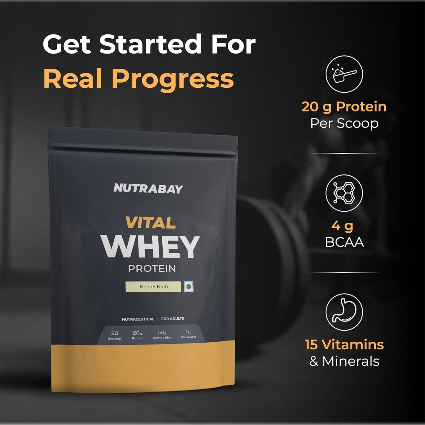 Nutrabay Vital Whey Protein package with nutritional information on a dark background
