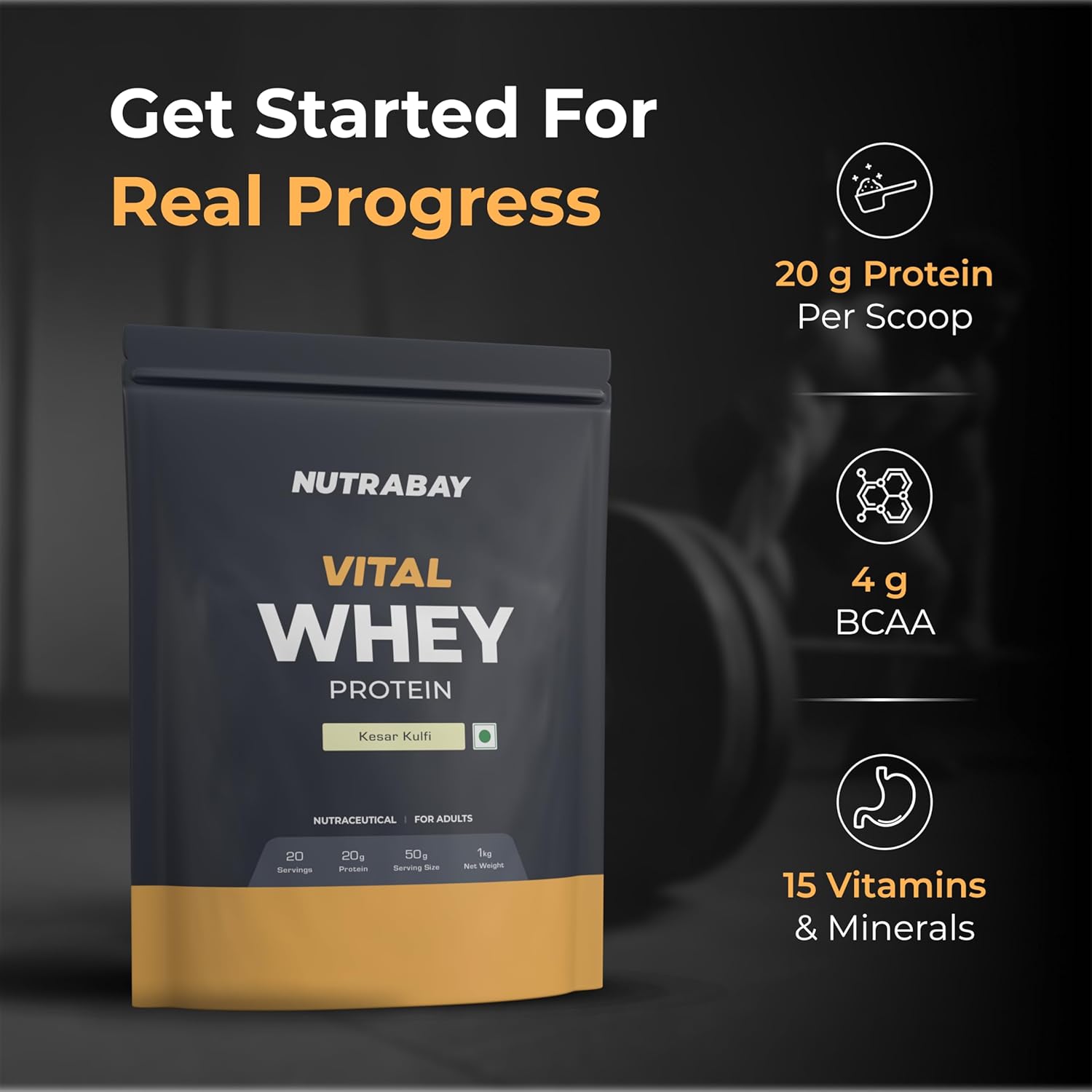 Nutrabay Vital Whey Protein package with nutritional information on a dark background